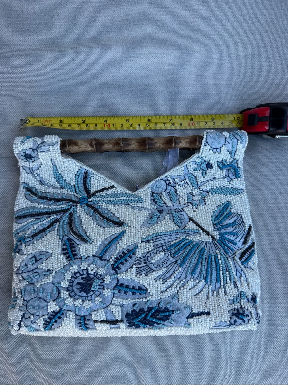NWT BEADED PURSE Blue Floral BAG w Bamboo Handle Sequin Statement Bag - Picture 13 of 16